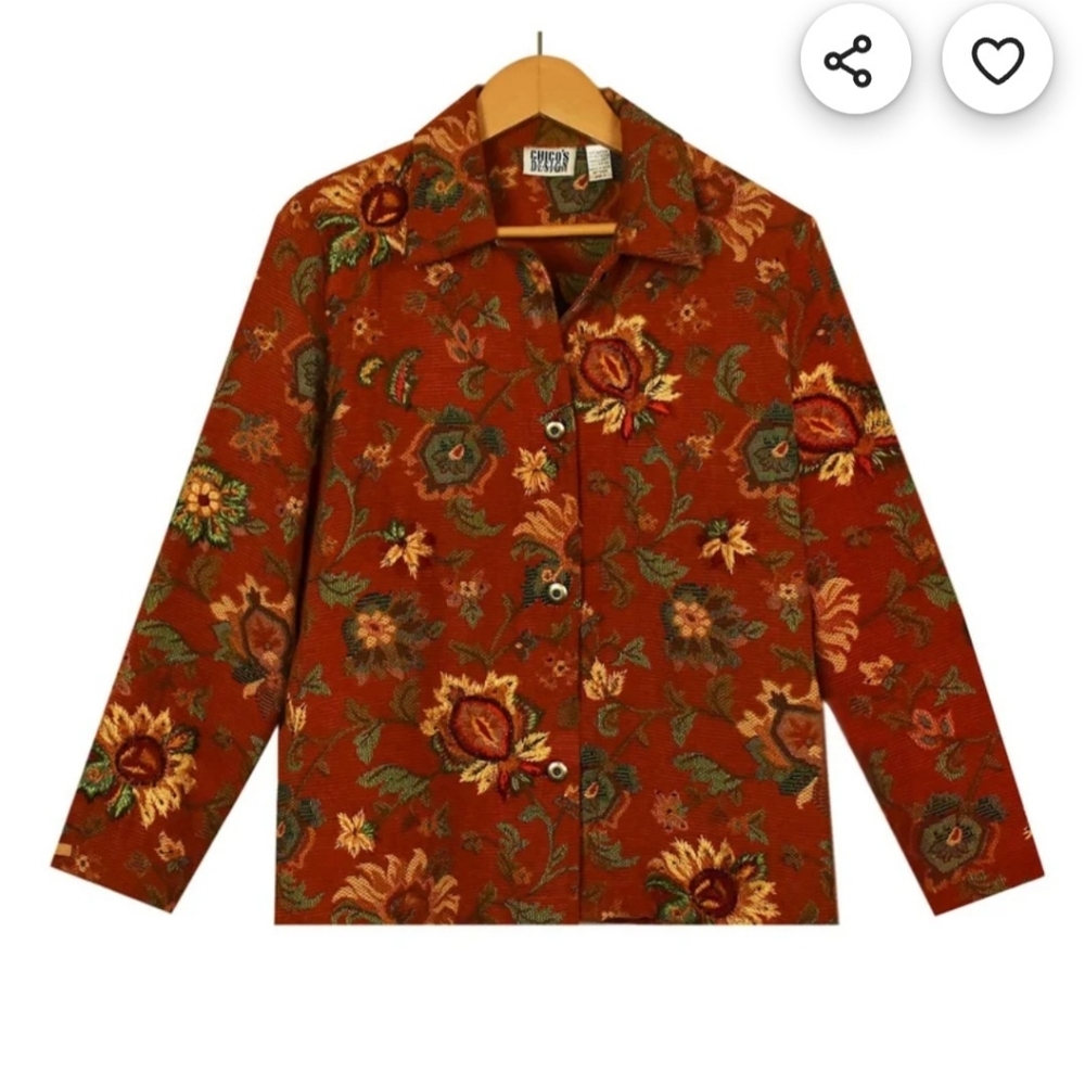CHICOS Jacket Embroidered Beaded Floral  Corduroy Tapestry Art To Wear Button Up
